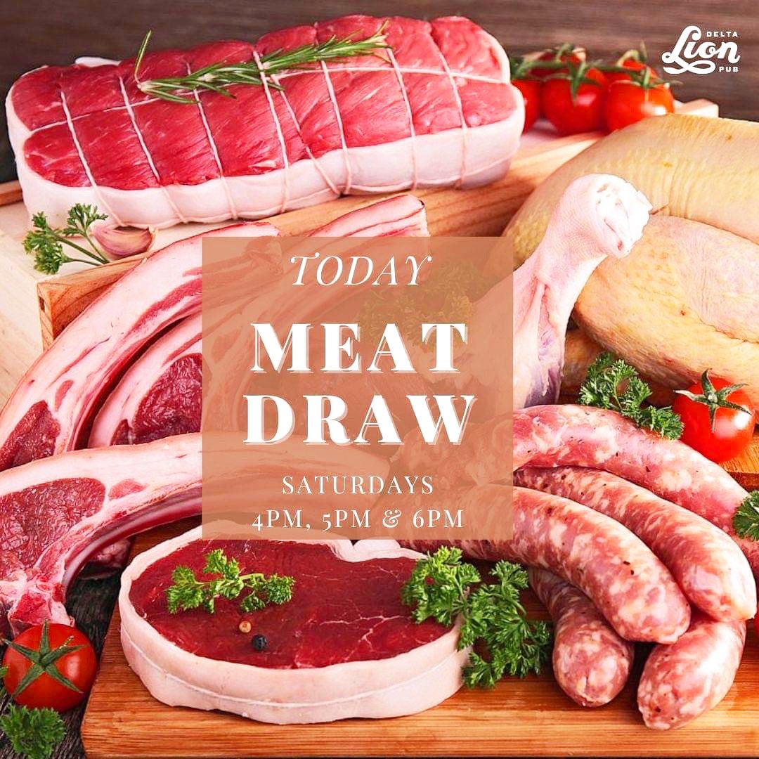 DeltaLionPub's tweet photo. It's MEAT DRAW Saturday at the DLP!
We're giving away meat at 4pm, 5pm &amp; 6pm!🥩🍗🍖✨

All the proceeds go to Pinewood Elementary School PAC! 
Come down to @thedeltalionpub and support!✨
#DeltaLionPub #MeatDraw #Raffle #MeatLovers #ExperienceDelta #WeLoveDelta #SupportLocal #DLP https://t.co/V1EbxuBm9z