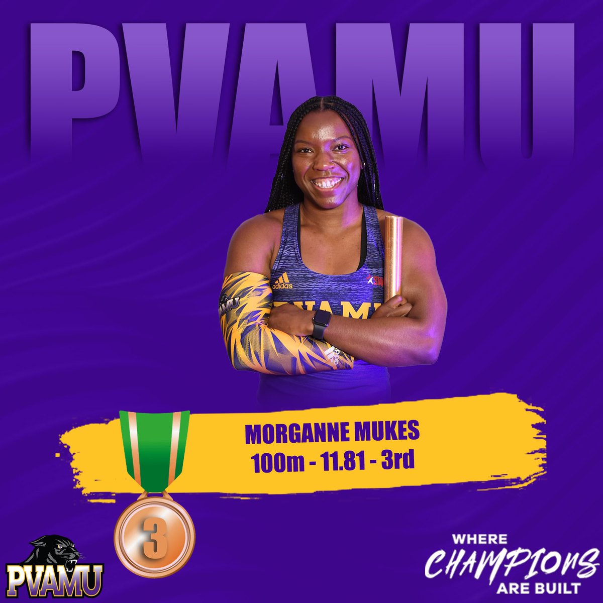 PVAMUPanthersTF's tweet photo. ๐๐, ๐จ๐ค ๐จ๐๐'๐จ ๐๐๐จ๐ฉ ๐
Morganne Mukes clocks a time at 11.81 in the women's 100-meter dash for ๐ฅ place!
#pvamutf ๐จ https://t.co/nPgMz7iCTg