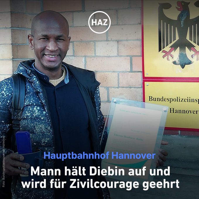 Mann h&auml;lt Diebin im Hauptbahnhof #Hannover auf und wird geehrt. Die #Bundespolizei will so f&uuml;r mehr #Zivilcourage<a href="/tag/hannover"class="tags">#Hannover</a><a href="/tag/bundespolizei"class="tags"><span>#bundespolizei</span></a><a href="/tag/zivilcourage"class="tags"><span>#zivilcourage</span></a>