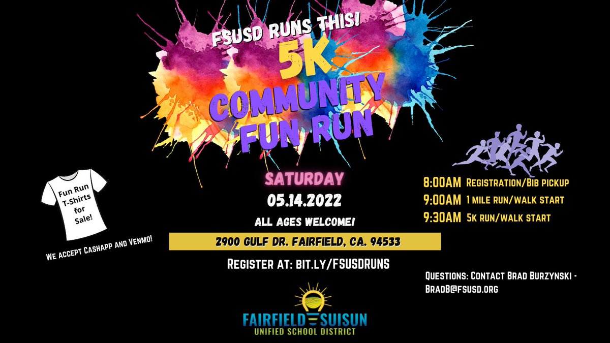 FairfieldSuisun's tweet image. Registration is FREE for next week's community fun run! 

All ages welcome! 🏃‍♂️ 🏃‍♀️ See you there! #fsusd #fsusdrunsthis