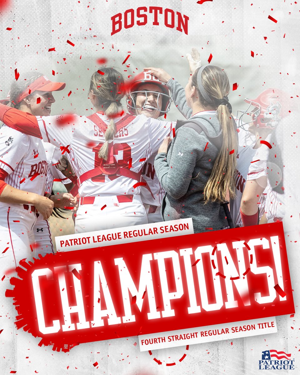 Make it 4️⃣ straight @PatriotLeague regular season titles‼️ #ProudToBU #BUSB #NCAASoftball @NCAASoftball 🏆🏆🏆🏆🐾🙌🎉🥎