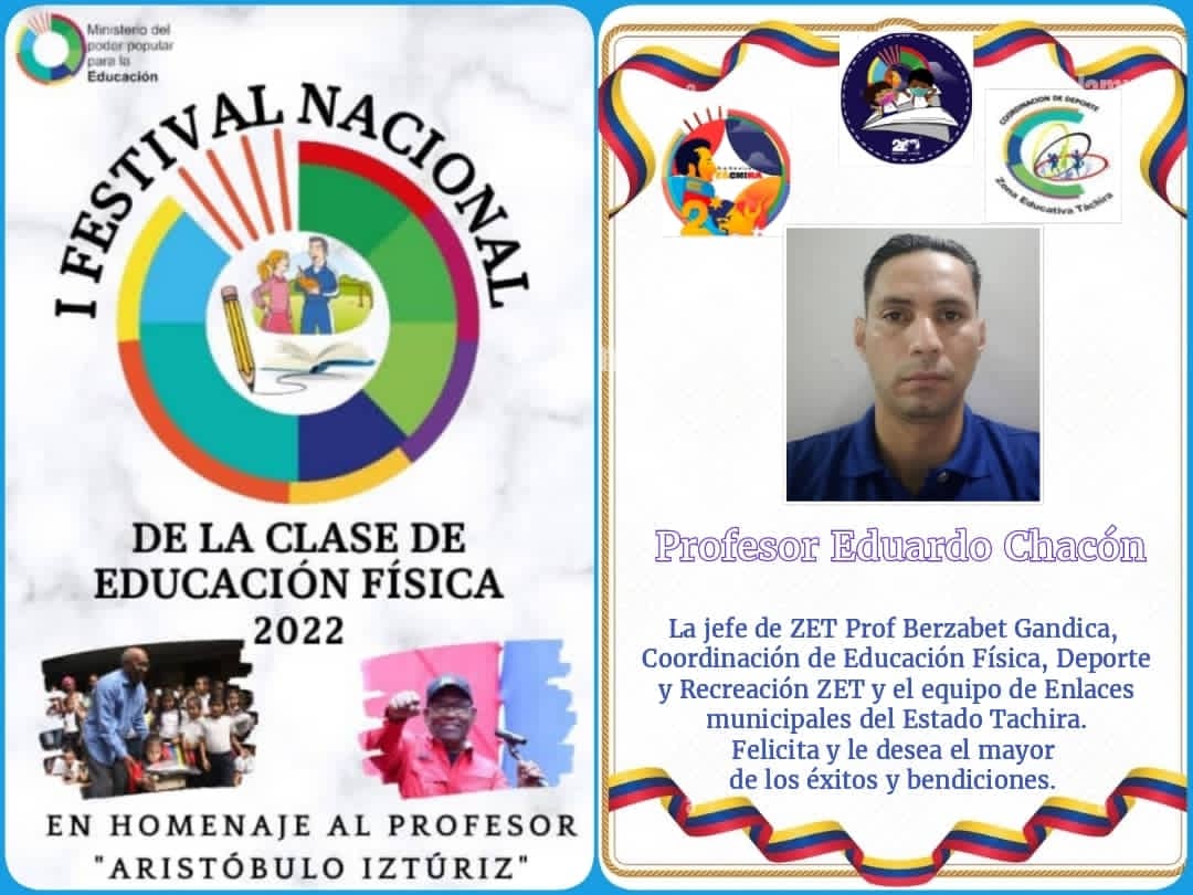 Representacion en el 1er Festival de Clase Nacional CON LA EDUCACION FÍSICA "ME EDUCÓ, ME MUEVO,ME CUIDO Y ME ORGANIZO @MPPEDUCACION <a href="/yelitzePSUV/">Yelitze</a>
@ZonaEducTachira
<a href="/Berzabethg1/">Berzabethgandicaoficial</a> <a href="/DGEFDMPPE/">Dirección General De Educación Física Y Deporte</a>
<a href="/COMUNIDADESED15/">DIV. COMUNIDADES EDUCATIVAS TÁCHIRA</a>
<a href="/DorisJi32185292/">Doris Jimenez</a>
<a href="/Arnaldo34696122/">ARNALDO GUZMÁN</a>  <a href="/cra_andrebello/">Cra Municipio Andrés Bello</a> <a href="/RedAndresBello/">Red Educativa Andrés Bello</a>