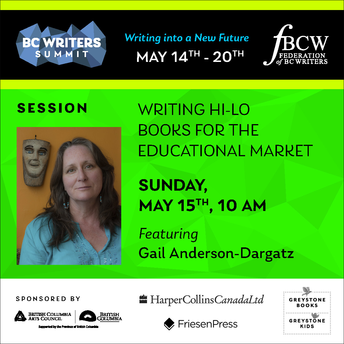 bcwriters's tweet photo. As part of the BC Writers Summit, Gail Anderson-Dargatz presents on Writing hi-lo books for the educational market at 10am Sunday May 15th.
Register for the Summit here: https://t.co/V0r8SJnbtE
#bcwriters #fbcw #bcsummit #writingcommunity #writers #justwrite @AndersonDargatz https://t.co/vNMCTaWlRb