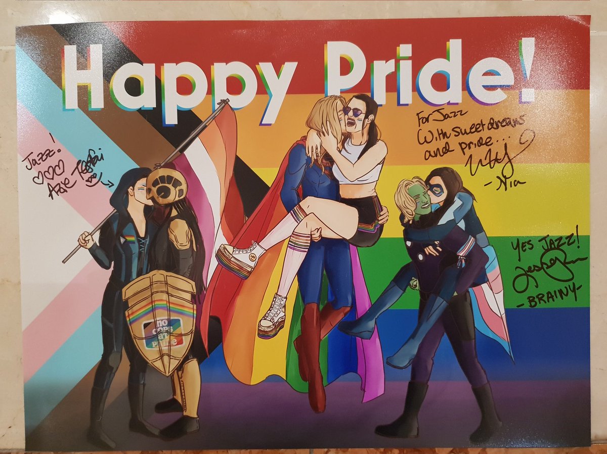 DerpSwan's tweet photo. No guys when I tell you that all of them loved this SO much and got so excited 😭 Azie couldn't stop looking at it saying how beautiful, Jesse is obsessed with the pride cape, and Nicole screamed so loud Azie leant over like 'I KNEW YOUD LOVE THIS LOOK HOW AMAZING IT IS' 😭😭😭 https://t.co/n5cR1fzUN0