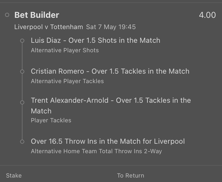 BetBuilder_'s tweet photo. Liverpool v Tottenham 
3/1 🔒 
Liverpool throw ins: 16, 19, 23, 10, 12, 15

Diaz Shots (excluding bottom 6): 4, 3, 0, 2, 5, 4

Romero Tackles:3, 6, 6, 3, 2, 5

Trent Tackles:2, 3, 2, 2, 1 https://t.co/yuwbmbcXVS