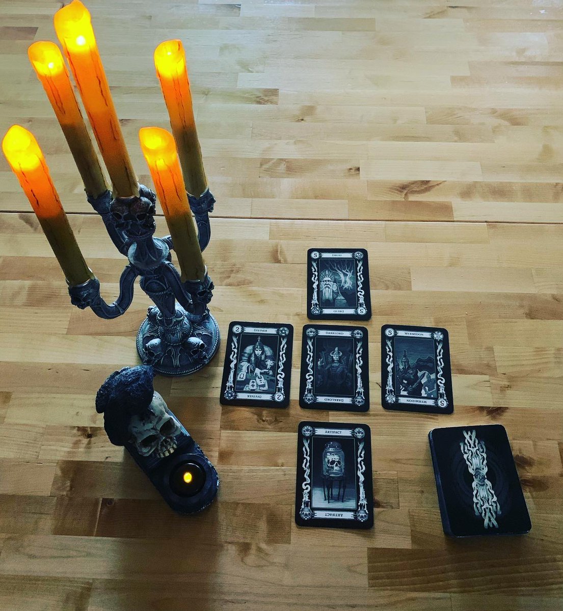 NictussPlays's tweet photo. Session 3 of #CurseOfStrahd this morning was amazing. Some great role playing and a new voice I’ve been working on. A couple shots of the props used for the encounter with Madam Eva. Full on theatrics! #DungeonsAndDragons #DND5E #DND #Tarokka https://t.co/qwlTaxaaLh