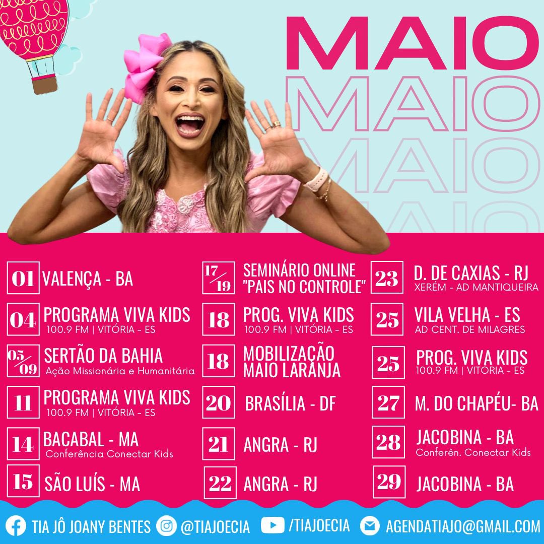 TiaJoeCia's tweet photo. AGENDA MAIO ❤️

Maio chegando com muitos compromissos para o reino, me deixa saber se vou te encontrar em uma dessas igrejas. Vem conosco em oração! 

“ATÉ QUE TODOS SAIBAM!”. 
Essa é a nossa missão. 🙌🏻

#agendatiajo https://t.co/2kyU6cnsL3