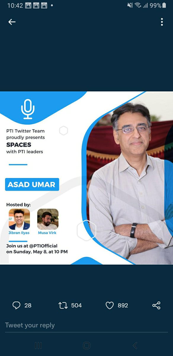 Asad_Umar's tweet photo. Looking forward to speak to all of you at this twitter space session hosted by the PTI social media team at 10 pm sunday tomorrow #امپورٹڈ__حکومت__نامنظور https://t.co/0LAcrxCBfn