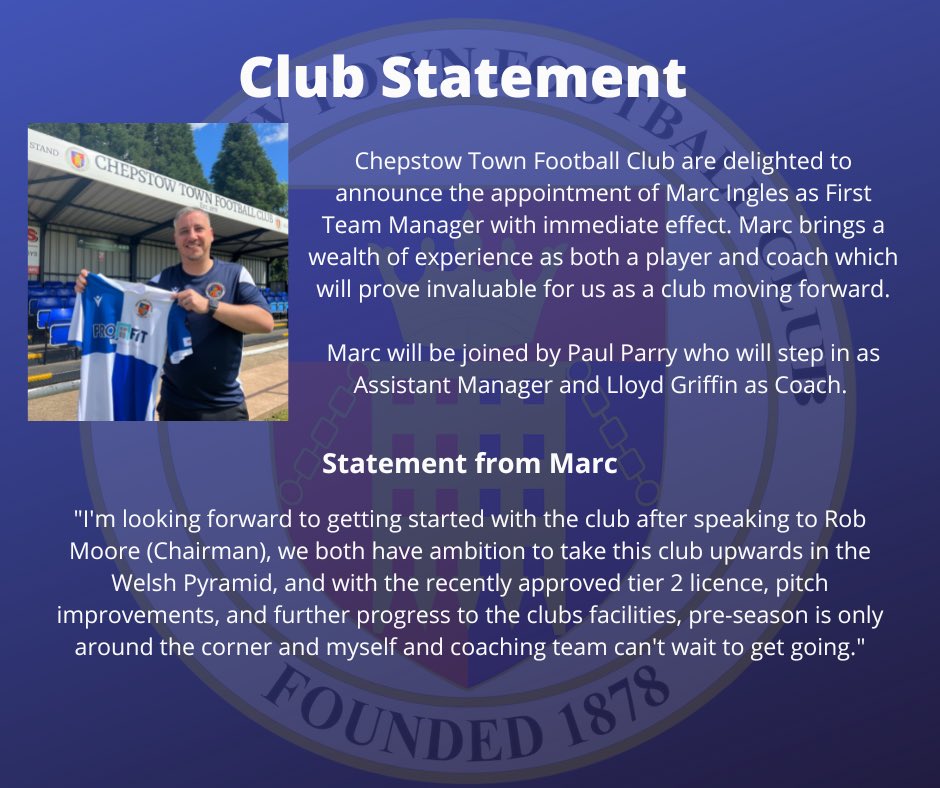 Chepstow Town A.F.C (@chepstowtownafc) on Twitter photo ‼️CLUB STATEMENT‼️
We would like to announce <a href="/mingles78/">Marc Ingles</a> & his coaching team to the club. ‼️CLUB STATEMENT‼️
We would like to announce <a href="/mingles78/">Marc Ingles</a> & his coaching team to the club.