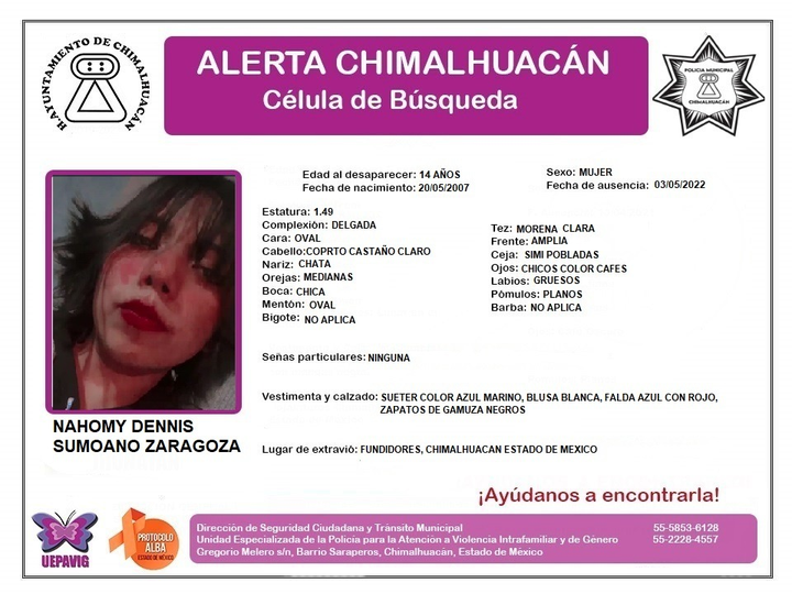 QuePocaMadre_Mx's tweet photo. EN BUSCA DE... 🚨

Nahomy Dennis Sumoano Zaragoza, de 14 años de edad, desapareció el 3 de mayo del 2022 en el Mpio. de #Chimalhuacán, #Edomex https://t.co/NIlOEVsyHC