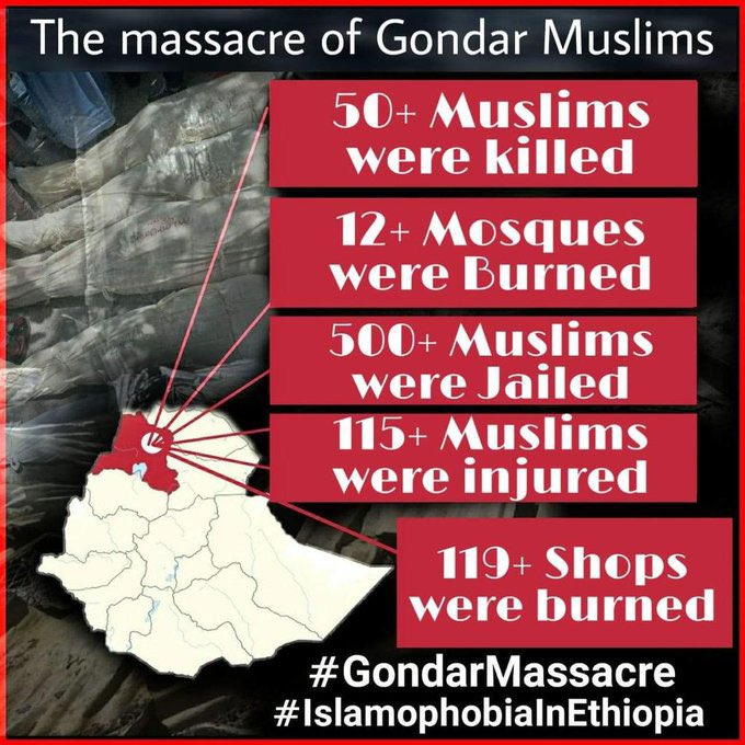 The killing of Muslims &amp; also looting and burning of their Mosques, properties is a deliberate and systematic violence for economic marginalization.
<a href="/AbiyAhmedAli/">Abiy Ahmed Ali 🇪🇹</a> <a href="/EthioHRC/">Ethiopian Human Rights Commission (EHRC) - ኢሰመኮ</a> <a href="/mbachelet/">Michelle Bachelet</a> <a href="/UNGeneva/">United Nations Geneva</a> <a href="/UNHumanRights/">UN Human Rights</a> <a href="/AJEnglish/">Al Jazeera English</a>
<a href="/CGTNOfficial/">CGTN</a> <a href="/AFP/">AFP News Agency</a>
#GondarMassacre
#IslamophobiaInEthiopia