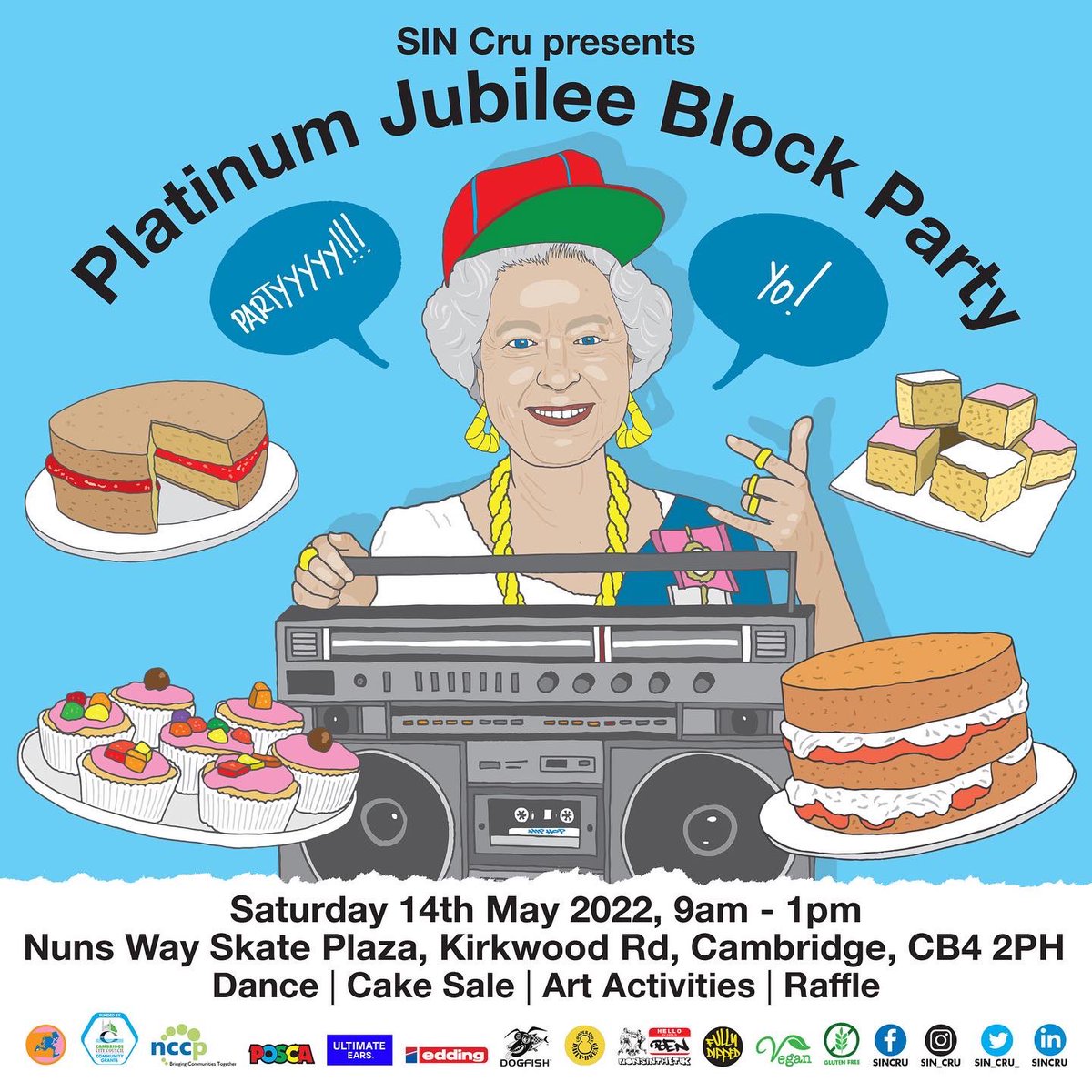 SIN_Cru_'s tweet photo. Thanks to #DailyBreadCoOperative for supporting #SINCru with some #healthy tasty snacks, #glutenfree and #vegan #cakes for the #cakestall and some great #prizes for the #raffle talking place a week today as part of #SINCru’s #Queen’s #PlatinumJubilee #BlockParty at #NunsWay https://t.co/xcHRf6MTWs