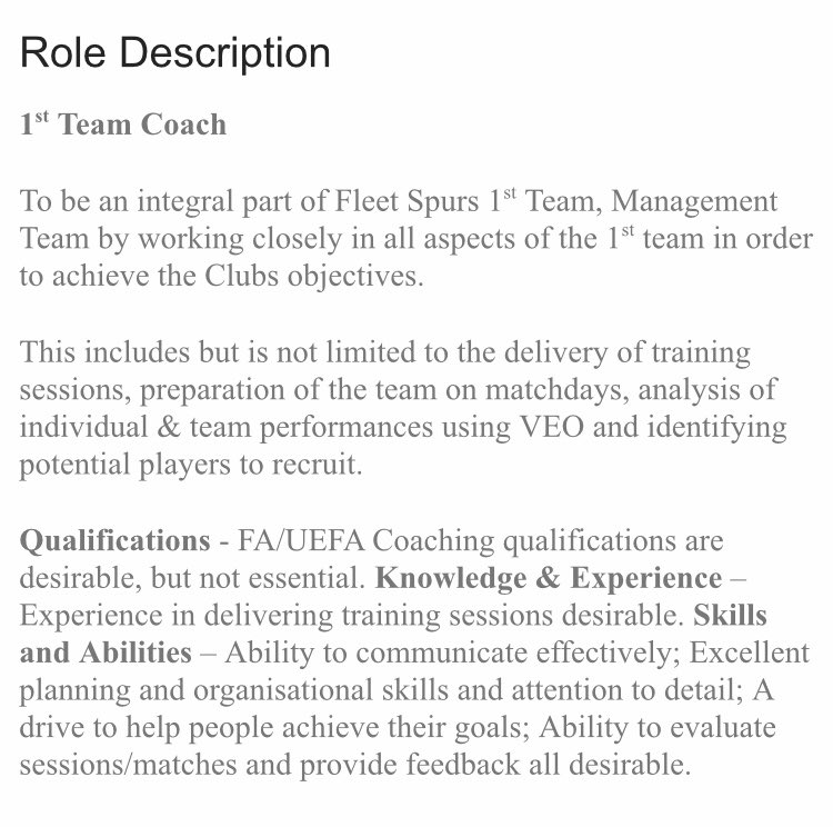 🚨 VACANCY 🚨
Fleet Spurs FC are looking for a committed 1st Team Coach to join our Management Team for the coming season as the club continues to build on/off the pitch. 

If interested please DM us or email scamperkemp@aol.com  with your CV or a brief expression of interest.