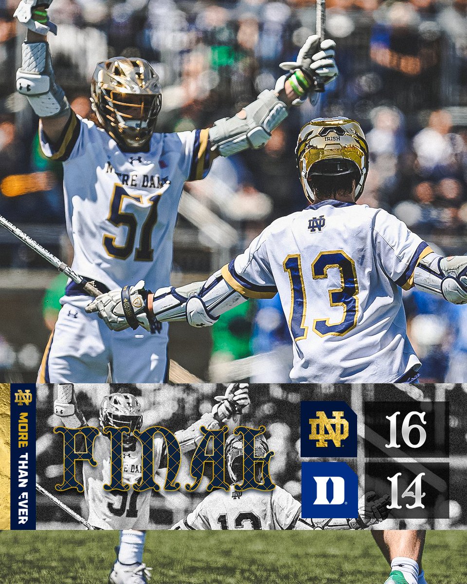 NDlacrosse's tweet photo. 𝐍𝐎𝐓 𝐃𝐎𝐍𝐄 𝐘𝐄𝐓

The Irish with a great comeback win over Duke to finish the regular season with SIX STRAIGHT WINS!

#GoIrish☘️ https://t.co/OcbUhpGCaK