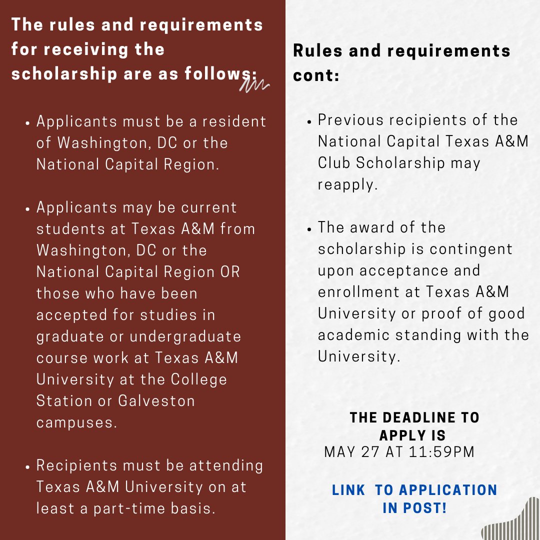 DCAggies's tweet photo. The DC Aggies are offering a scholarship to a local student who is or has chosen to study at Texas A&amp;M. Application closes 27 May 11:59pm!
https://t.co/3qydwhQrRo https://t.co/iTs57Ycoyn