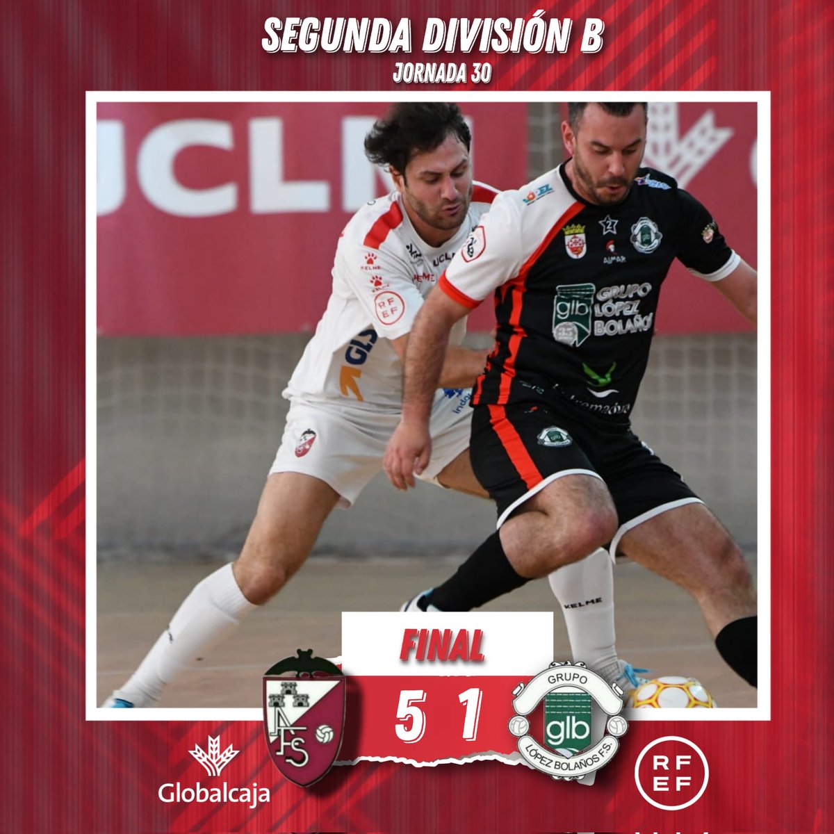 albaceteFSala's tweet photo. 🏁𝙁𝙄𝙉𝘼𝙇 𝙎𝙀𝙂𝙐𝙉𝘿𝘼 𝘿𝙄𝙑𝙄𝙎𝙄Ó𝙉 𝘽
Albacete FS 5️⃣
Grupo López Bolaños FS 1️⃣
#SegundaDivisiónB #ABFS https://t.co/0Pp6HwHzjZ