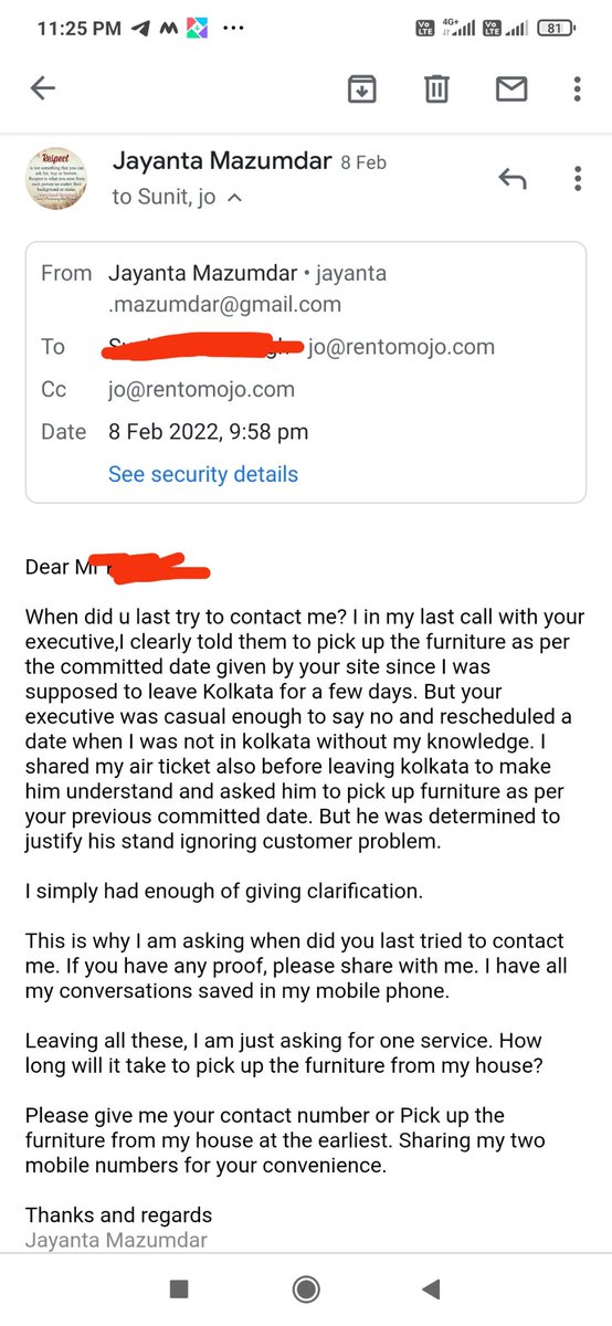 JAYMZDR's tweet photo. @rentomojo @jagograhakjago @consaff @GeetanshBamania extremely unprofessional service from Rentomojo,kolkata.M charged even after closure request for surrendering my furnitures. They didnt pick up furniture but raised bill. Closure request ID:01148972
Dt:4.01.22. Need help https://t.co/gHP0VFQNst