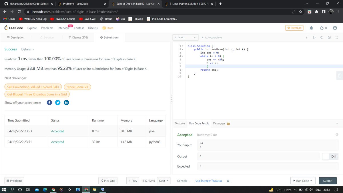 kishan_rajput23's tweet photo. Day 150 of #365daysofcode with 
@scaler_official

🎯Achieved 5th Milestone🤩

📌Solved 2 problems on #LeetCode
🔸Find Maximum Product
🔸Sum of Digits in Base K

📌Repo Link : https://t.co/B7NhJvYQH4

#codewithscaler #scalerdiscord #100DaysOfCode #scaler #DSAwithKunal #Java https://t.co/GJFO4NdMXP