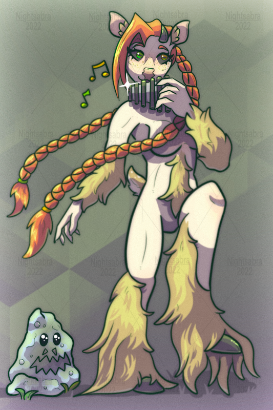 Nightsabra's tweet photo. ✨Lil satyr I created. Dumb as a rock, plays a flute off-key, but monsters like it so she talks to them.
In the bottom right, that's Goober. He keeps her hoof hair clean &amp; is her best friend.

❓What do you think of her?
#SatyrArt #FaunArt #Faun #Satyr #uniqueoc https://t.co/G78xQk4lwR