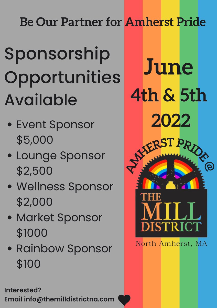 John_Page22's tweet photo. The Mill District’s Director of Placemaking Hannah Rechtschaffen has done an amazing job organizing some #AmherstPride events in #NorthAmherst. This is your opportunity to get involved! ❤️🧡💛💚💙💜 https://t.co/Z7nvwP0G6l