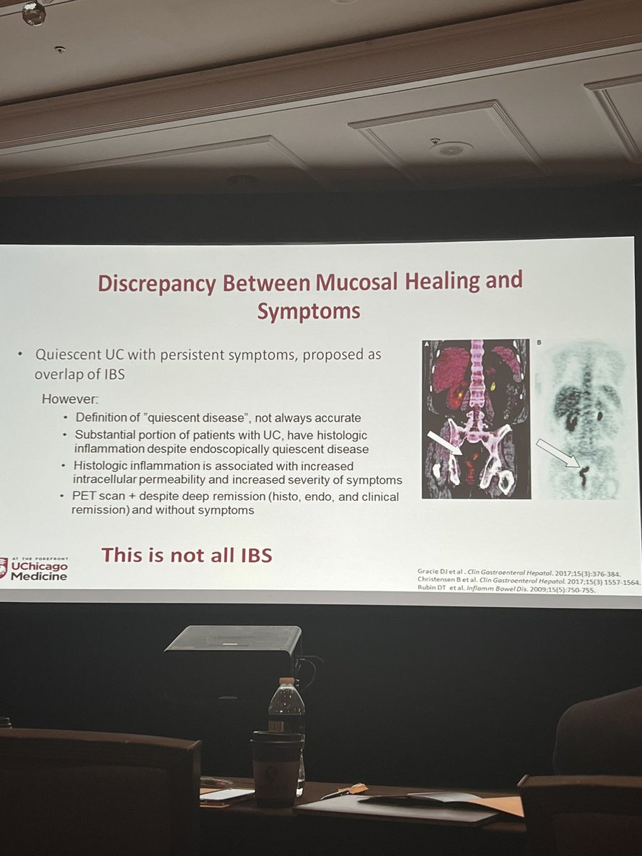Patients with UC with mucosal healing but still symptomatic DO NOT all have IBS. Evidence suggest active inflammation beyond the mucosa that is not detected by our traditional modalities (endoscopy). PET scans and intestinal ultrasound can detect this. @IBDMD @DrMikeDolinger