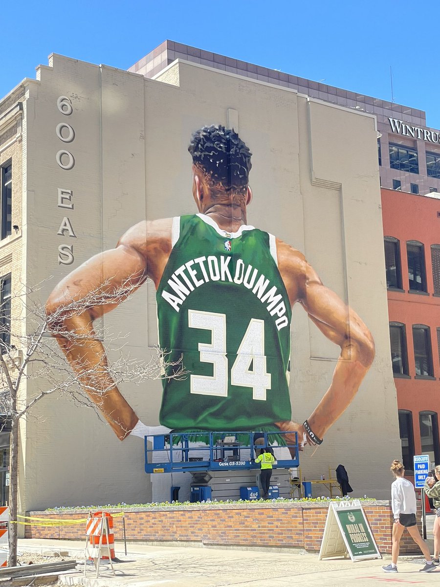 wareemout's tweet photo. 1:43 pm mural update. Almost game time. Let’s go baby!!!!!! @Bucks @MilwDowntown @Giannis_An34 https://t.co/NjYQ4V1TIJ