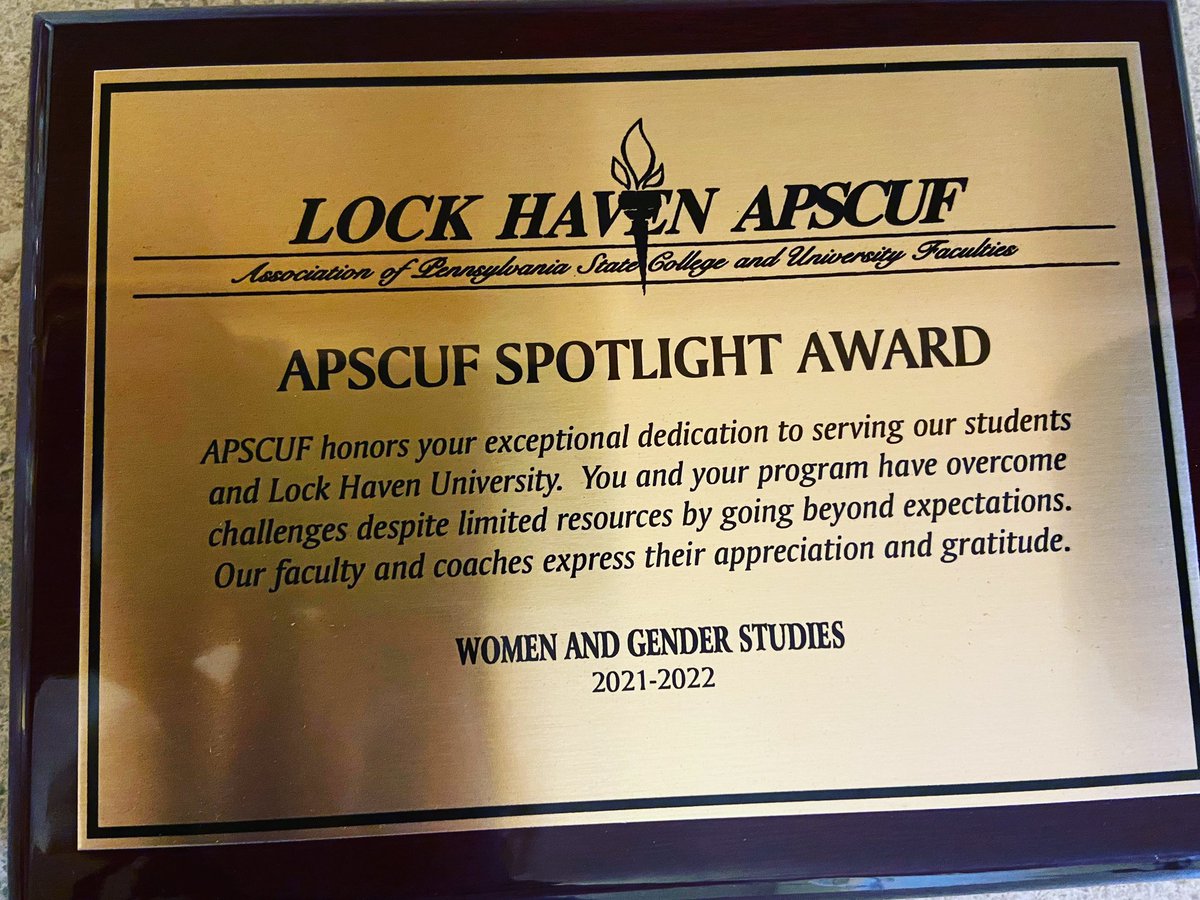 Last night LHU WGS faculty were presented with the spotlight award for the year from our union chapter <a href="/lockhavenuniv/">CU-Lock Haven</a>. Thank you <a href="/LHU_APSCUF/">LHU APSCUF</a> <a href="/APSCUF/">APSCUF</a> <a href="/LHU_liaison/">LHU APSCUF Liaison</a>.