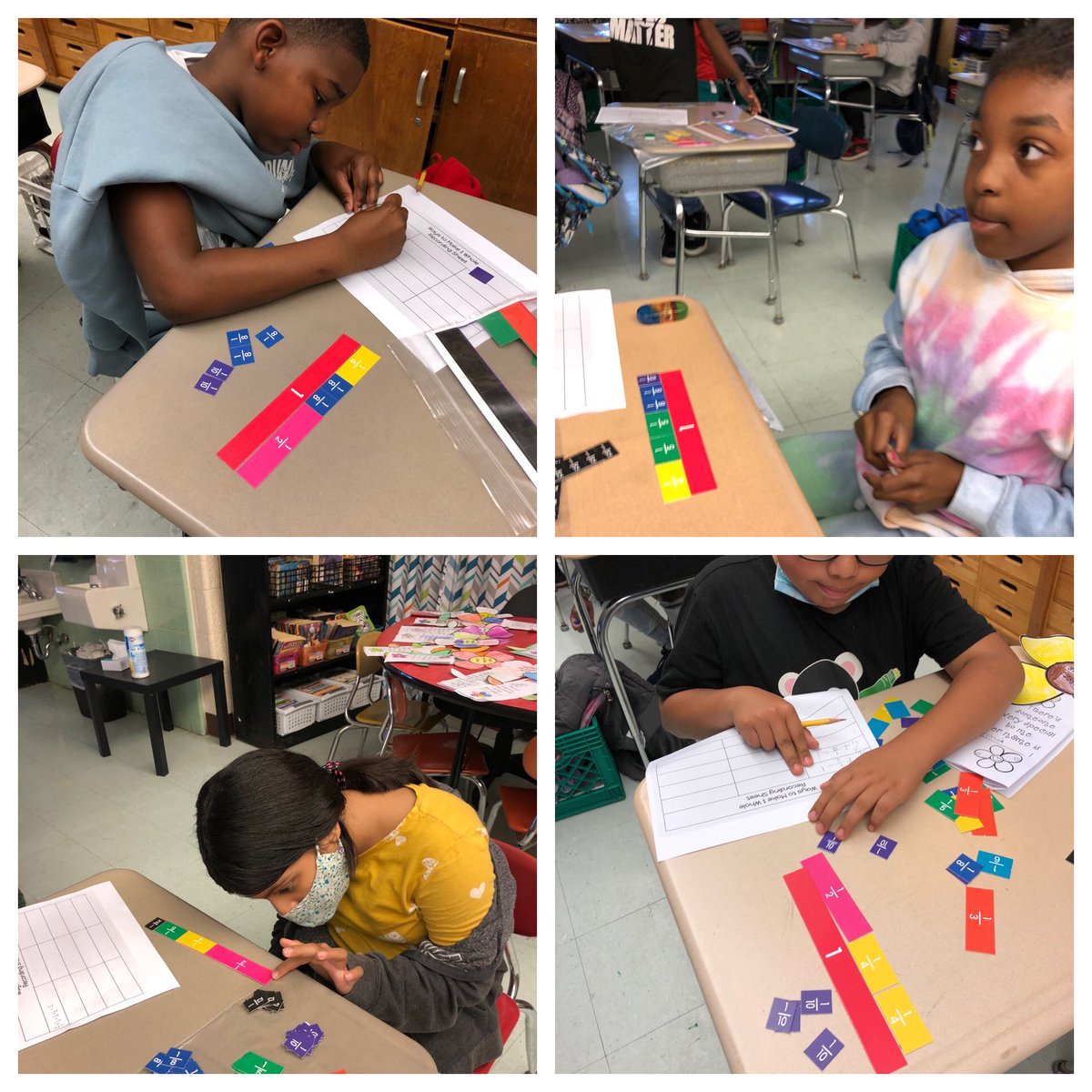 Ms_Clark_CHE's tweet photo. Exploring fractions by using our fraction strips! How many different ways can you make 1 whole?? #chdreambuilders @KatieRRana https://t.co/dZoxgMKweM