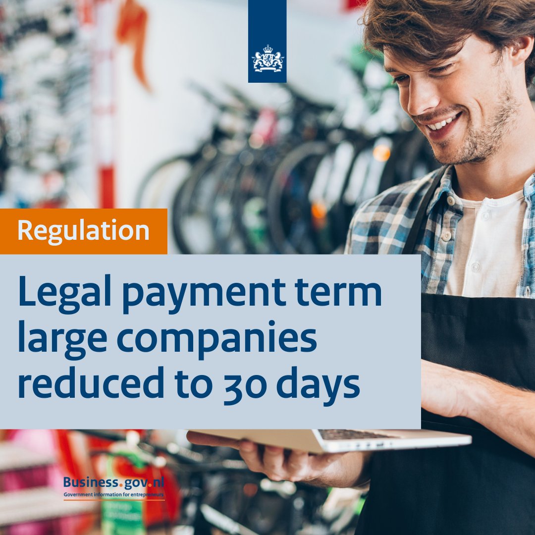 BusinessGovNL's tweet photo. Do you have large companies among your customers?
✍️ The legal payment term for such companies to pay their SME suppliers will be reduced to 30 days ⤵️
https://t.co/2GZVsC6U3M
#paymentterm #sme https://t.co/RNQpuYxSGH