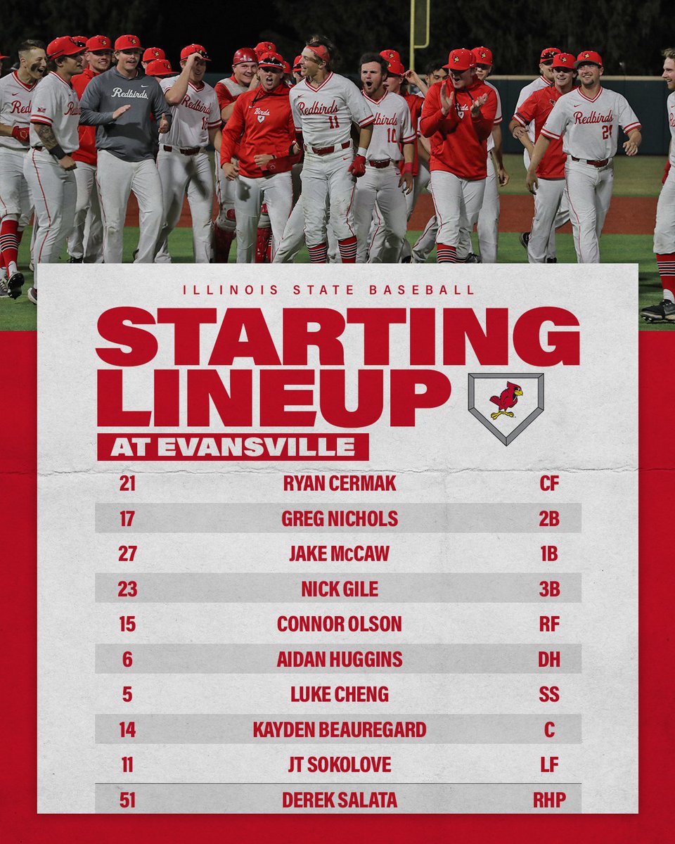 Game two lineup! 🤩

🛣️Evansville
⏰2:00 p.m. CT
📺es.pn/3LSoQgY (ESPN3)
📊bit.ly/UEBSBstats

#REDBIRDbaseball // #BackTheBirds
