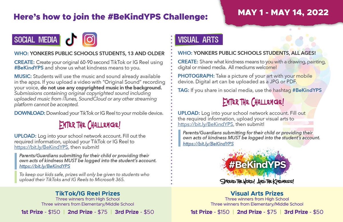 YonkersCPTA's tweet photo. Join the #bekindyps challenge!!!! Come on YPS High Schools!!! We challenge you to submit a video!!!!@GortonHS @RiversidePTech @Saunders_HS @saunders_hs_ptsa @YonkersSchools #bekindyps https://t.co/DimvcWgYNw