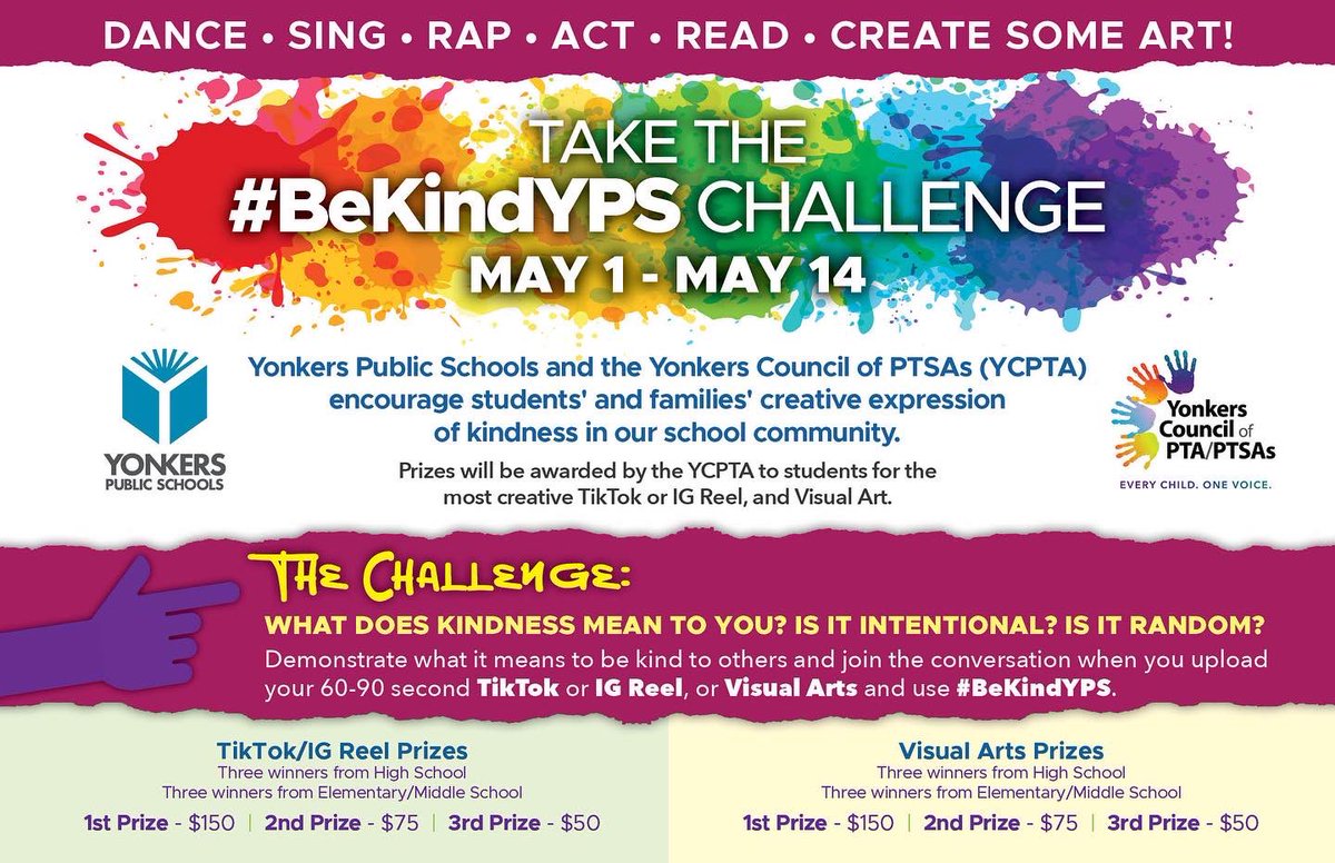 YonkersCPTA's tweet photo. Join the #bekindyps challenge!!!! Come on YPS High Schools!!! We challenge you to submit a video!!!!@GortonHS @RiversidePTech @Saunders_HS @saunders_hs_ptsa @YonkersSchools #bekindyps https://t.co/DimvcWgYNw
