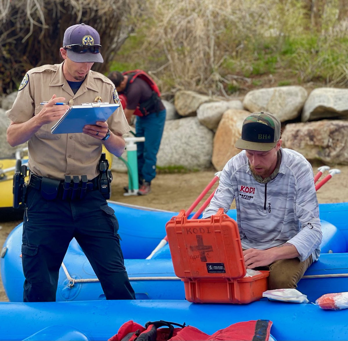 kodirafting's tweet photo. As we all launch into a new #whitewaterrafting season, adhering to guidelines and focusing on safety is always a top priority! 

This Colorado Parks &amp; Recreation officer checks off required equipment and ensures all requirements are being met. 

#KodiRafting #riverlife #colorado https://t.co/Npjn1DlqSL