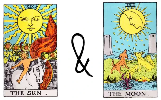 I'm insane in the membrane stsg sun-moon tarot cards but the sun is reversed and Satoru is in his "I'm the honoured one" pose resembling upright hanging man in this position 