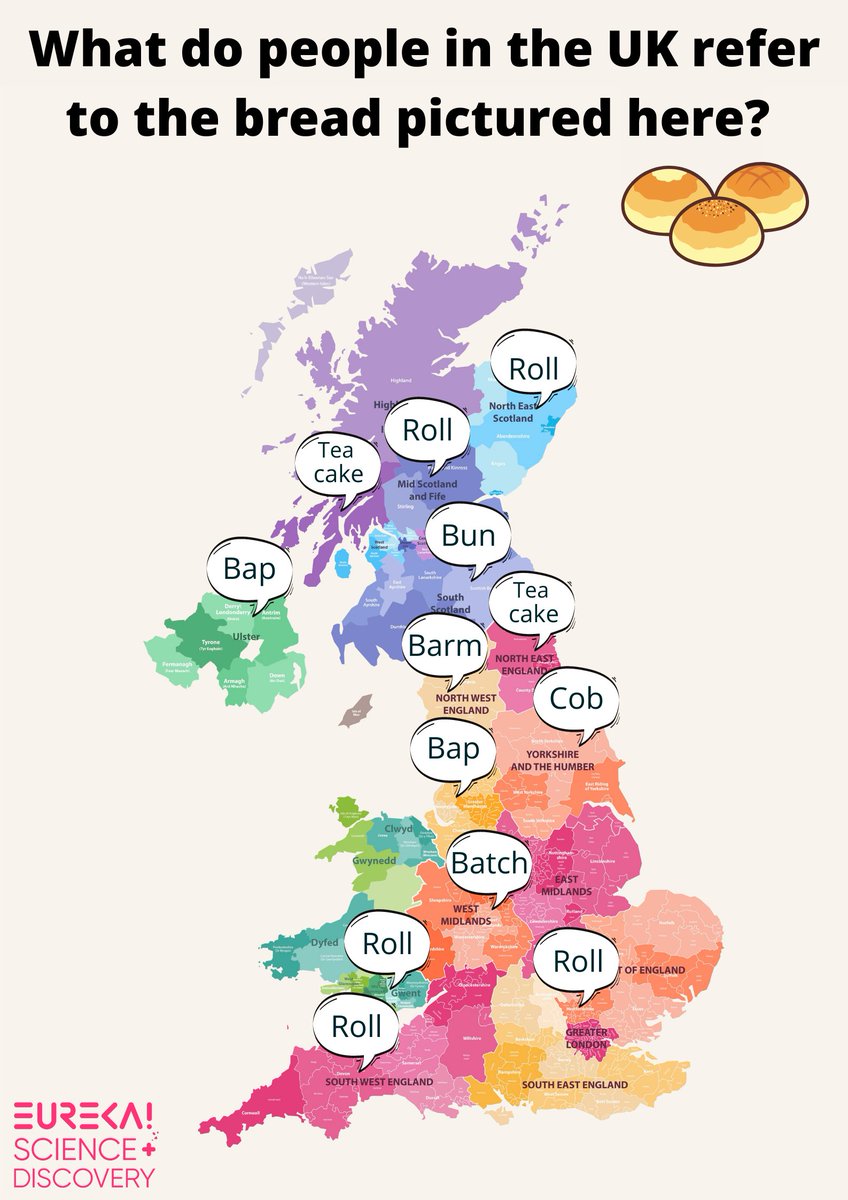 EurekaDiscover's tweet photo. Following on from our bread dough-bate, we thought we’d dig up some data about what different parts of the UK call this certain type of bread.
…and it seems like roll could be in the lead, with cob trailing behind in last place as the least popular term!
#Whatdoyoucallthis https://t.co/61ar7aGh8G