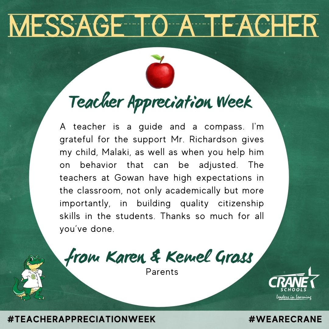 CraneSchools's tweet photo. 🍎This teacher message goes out to Gowan Science Academy teacher, Mr. Richardson! #TeacherAppreciationWeek #GowanGators #WeAreCrane https://t.co/Jbi5Ze9jl6