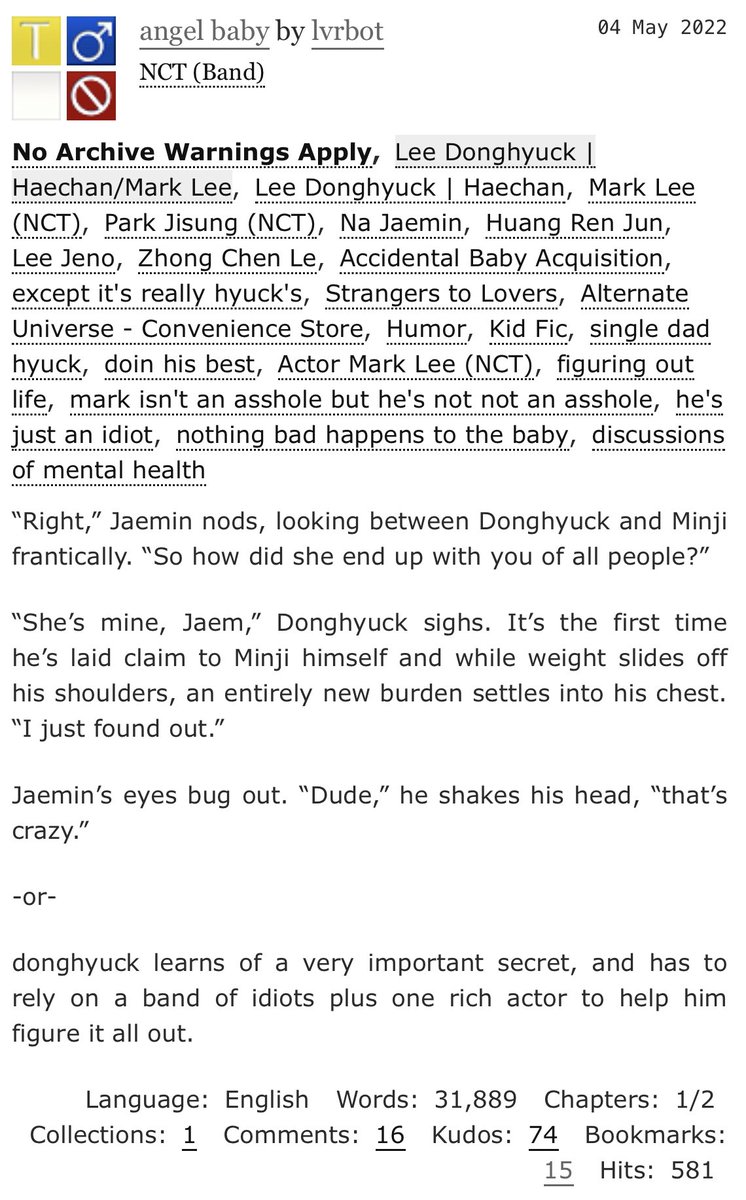 1VRB0T's tweet photo. angel baby 🍼

-markhyuck/mahae
-ch. 1/2 
-31.8k words
-single dad!hyuck
-actor!mark
-found family
-written for @mh_fest 

🔗 below! https://t.co/0ZcBrMKNo0