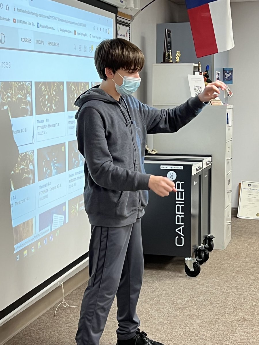 FBISDSupe's tweet photo. Principal Brown very hands-on @ Dulles MS! Sending off Kick Start students to state competition, theatre class students acting thru improv, history classes reviewing using Kahoot technology & SS classes focusing on #HistoryinHashtags as a fun way to capture the past! Proud Supt! https://t.co/j9sKW4CROe