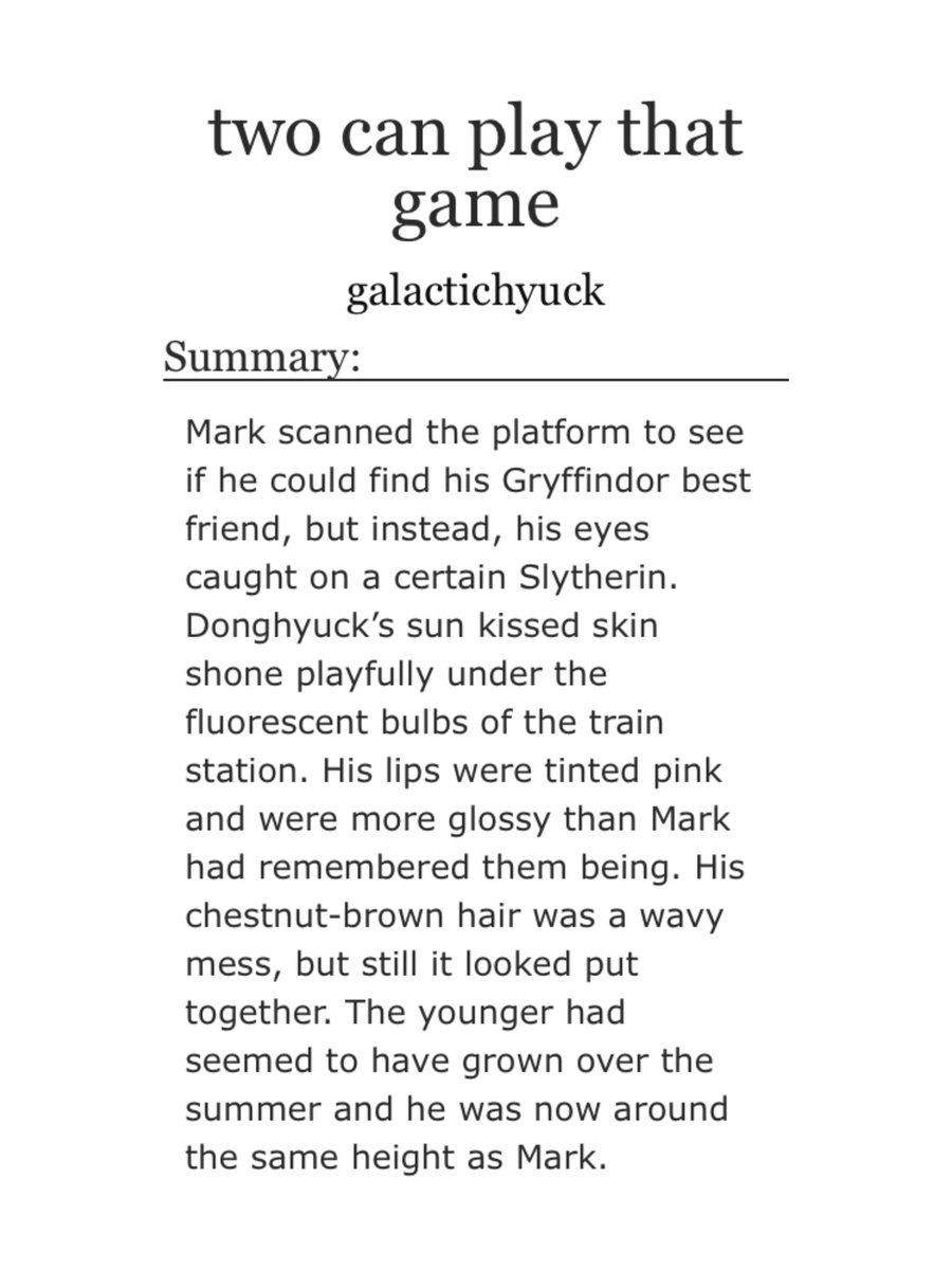 galactichyuck's tweet photo. two can play that game
✨ markhyuck
✨ 8.6k
✨ rated t 
✨ harry potter au
✨ enemies to lovers 
✨ for @mh_fest round 1
https://t.co/wsSsXxQZXY https://t.co/xRtav3iLOH