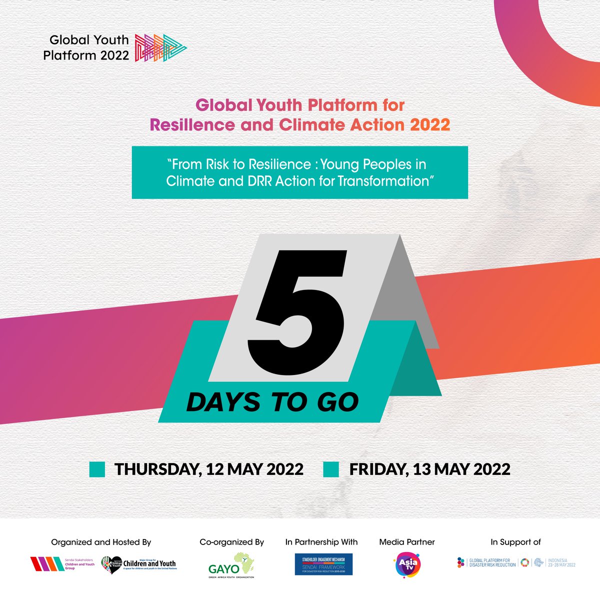 UNMGCY's tweet photo. Register now online to join us virtually on Thursday, 12th, and Friday, 13th May 2022!! For a more resilient future,
Young people from all around the world are invited to join.
Registration Web Link: https://t.co/j3ob1ohnmd
#RisktoResilience #GPDRR2022 #Action4Transformation https://t.co/KD1nVkdOtY