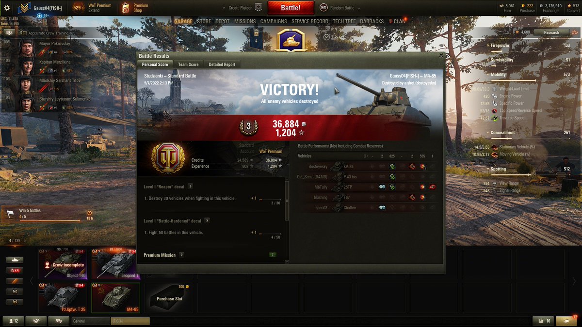 MathgasmNet's tweet photo. @worldoftanks IGN: Gauss04
Vehicle:  M4-85
Base XP: 573
Server:     NA
Tier V M4-85 was not a favorite since I mostly play 10s and was too cheap to outfit it. https://t.co/zVePMlkpPR