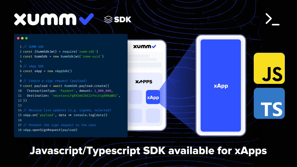 XamanWallet's tweet photo. The Xumm xApp SDK is now live. 

The xApp SDK makes it very easy to interact with Xumm from your xApp (WebApp).

Using the xApp Typescript/Javascript SDK, you can trigger native Xumm interaction &amp; receive events from Xumm in your xApp.

Docs:
https://t.co/JEWoTBN8WM https://t.co/FH2INNZsYy