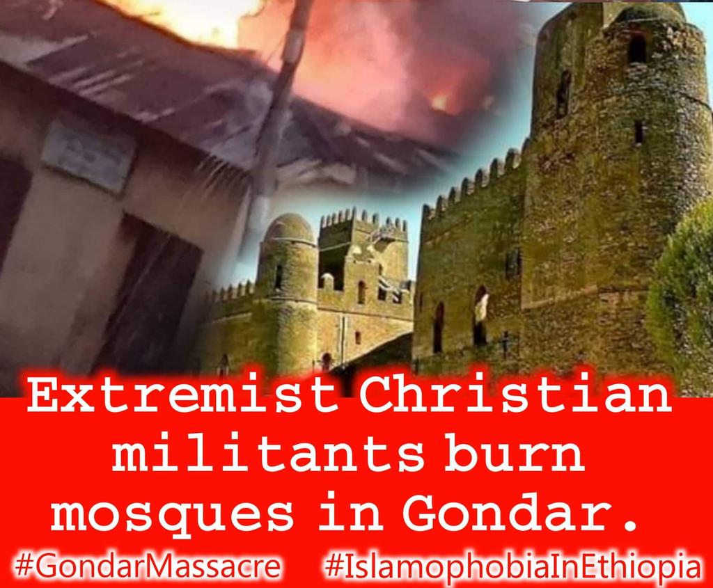 More than forty Muslims were massacred, and several Mosques burnt towards the end of last Ramadan in the province of #Gondar, #Ethiopia, by extremist Orthodox Christian groups. Officials are accused of covering up for the perpetrators. 

#GondarMassacre
#IslamophobiaInEthiopia