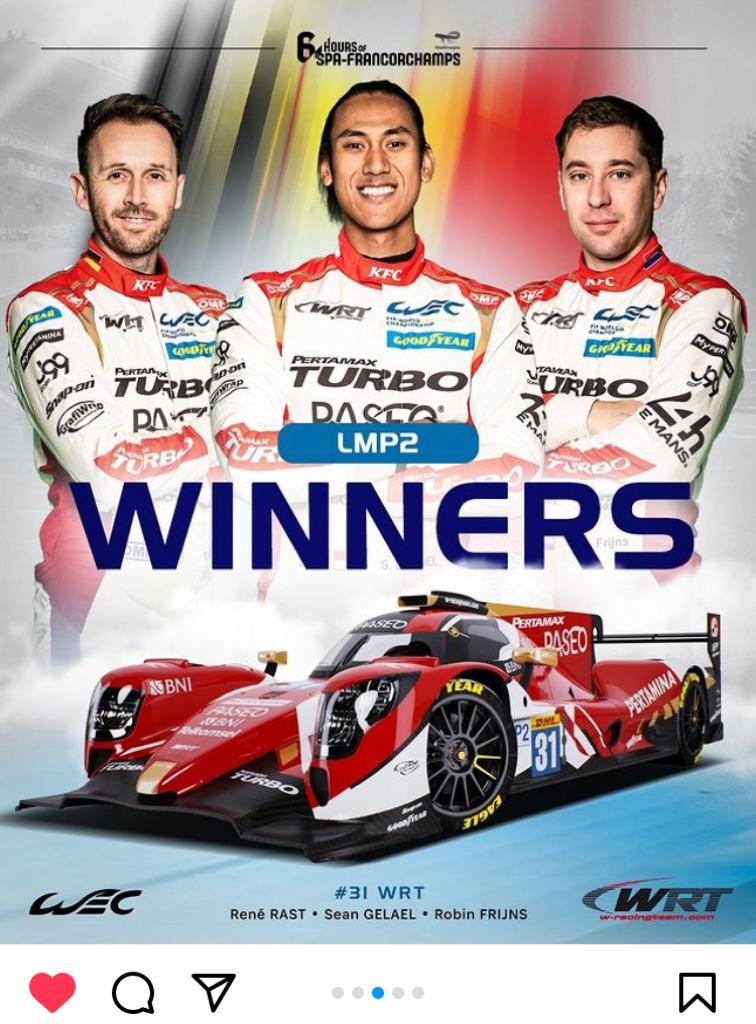 arditozrs's tweet photo. mantep bet dah team Sean Gelael bisa menang di track basah + paling menantang di Spa Francorchamps.. efek dari Red Flag + Hujan jadi memimpin balapan dari 3 jam pertama sampai habis 👏🏻 #6hspa #FIAWEC #followwrt #boskfc #anakbangsa 😁 https://t.co/jp5dssVqzj
