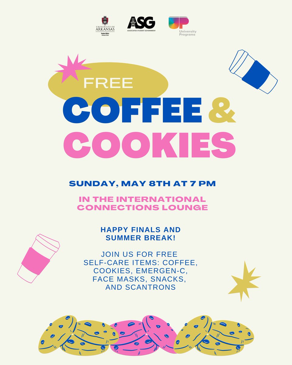 Join ASG for free self-care items: coffee, cookies, emergen-c, face masks, snacks, and scantrons Sunday, May 8 at 7p in the International Connections Lounge!!!
