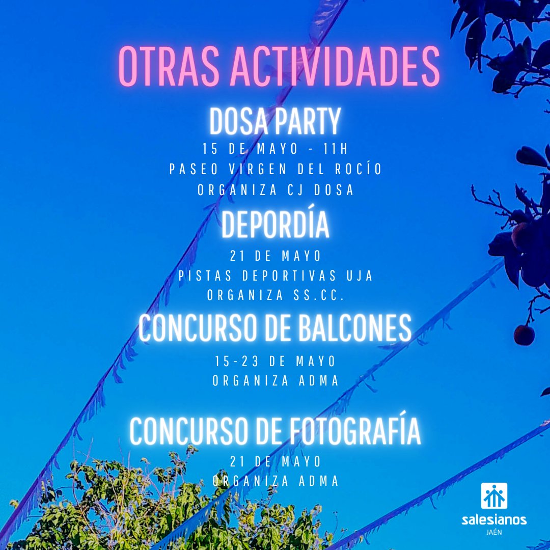 Ya esta aquí el programa de las 👑👩‍👦 FIESTAS DE 𝓜𝓪𝓻í𝓪 𝓐𝓾𝔁𝓲𝓵𝓲𝓪𝓭𝓸𝓻𝓪 2022 👑👩‍👦

Vuelve la normalidad: Verbena, tómbola, la tradicional novena y otras actividades que giran en torno a la gran solemnidad de #MaríaAuxiliadora el #24M 

Te esperamos 🥳🥳🥳💙