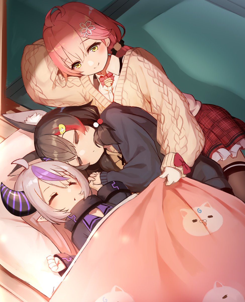 multiple girls 3girls sleeping ahoge streaked hair animal ears horns  illustration images