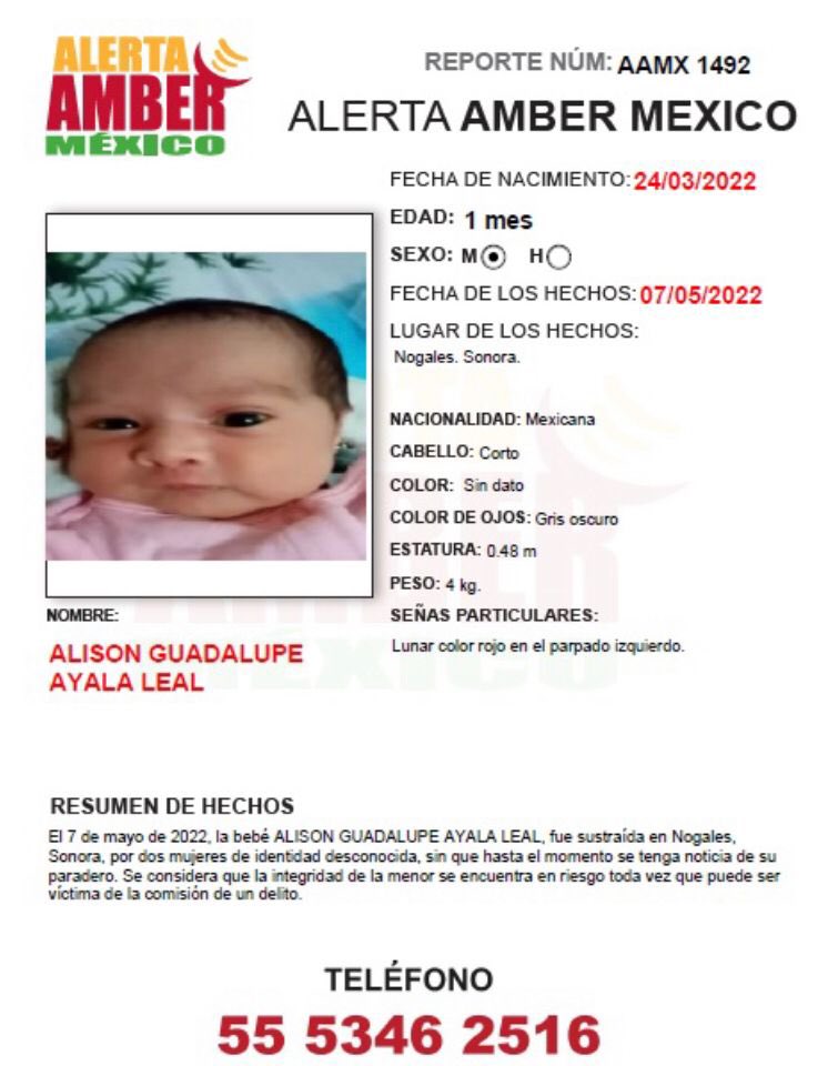 SonoraCadena's tweet photo. 🚨 Activada Alerta Amber en todo México 🚨 Alison Guadalupe de 44 días de nacida, sustraída esta madrugada en un domicilio, en Nogales Sonora. 

@AAMBER_mx @msalguerb @arelyfeminista @enmaobrador @YndiraSandoval @OlimpiaCMujer @DianaLuzVa @MareaVerdeMex 

¡Ayúdanos a difundir! https://t.co/Q8nxkoTGor
