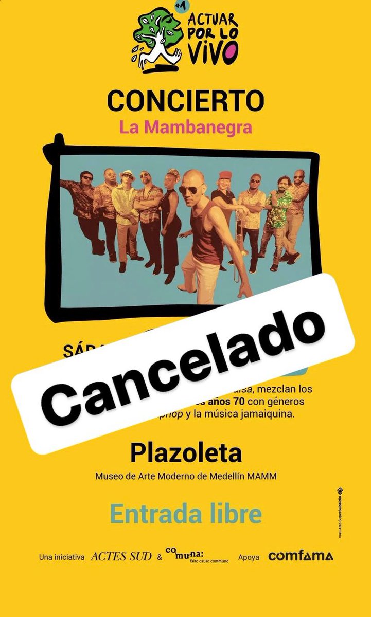 Comfama's tweet photo. Durante 3 días hemos celebrado la fiesta de lo vivo. Hemos festejado que somos hijos de la naturaleza y hoy, bajo la lluvia, exaltamos su existencia. Esta tarde, cerrábamos con un concierto de @mambanegralatin; pero, las fuertes lluvias nos obligan a cancelarlo. #ActuarPorLoVivo https://t.co/4saPVJ6Dcf