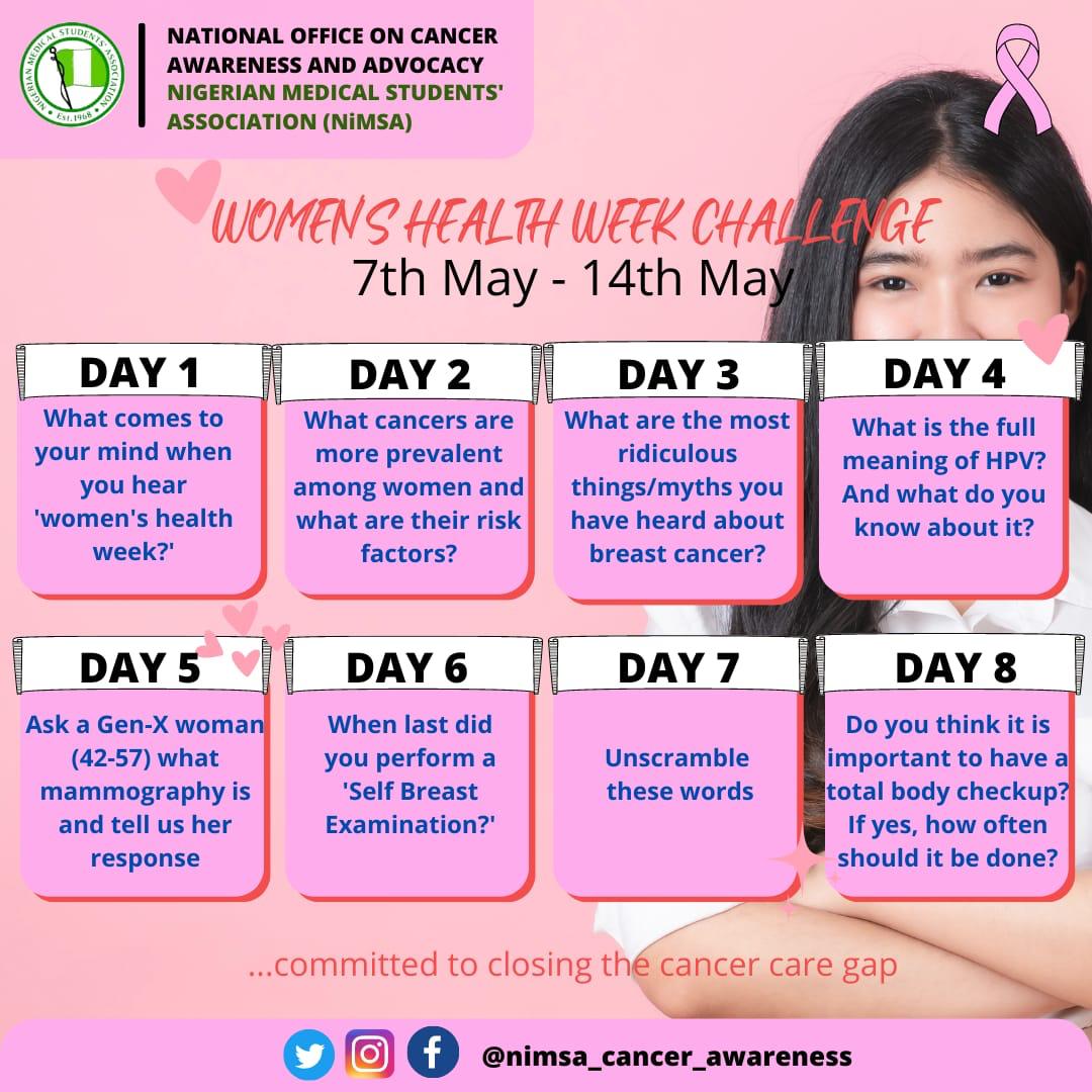 NimsacancerA's tweet photo. The Technical Office on @NimsacancerA

Presents
 An 8-Day Women's Health Week Challenge

Day 1 (Saturday, 7 May, 2022)
 Question: What comes to your mind when you hear "women's health"?
Drop your thoughts in the comment section! And urge others to do so, as well. https://t.co/X0E8tmdPrD
